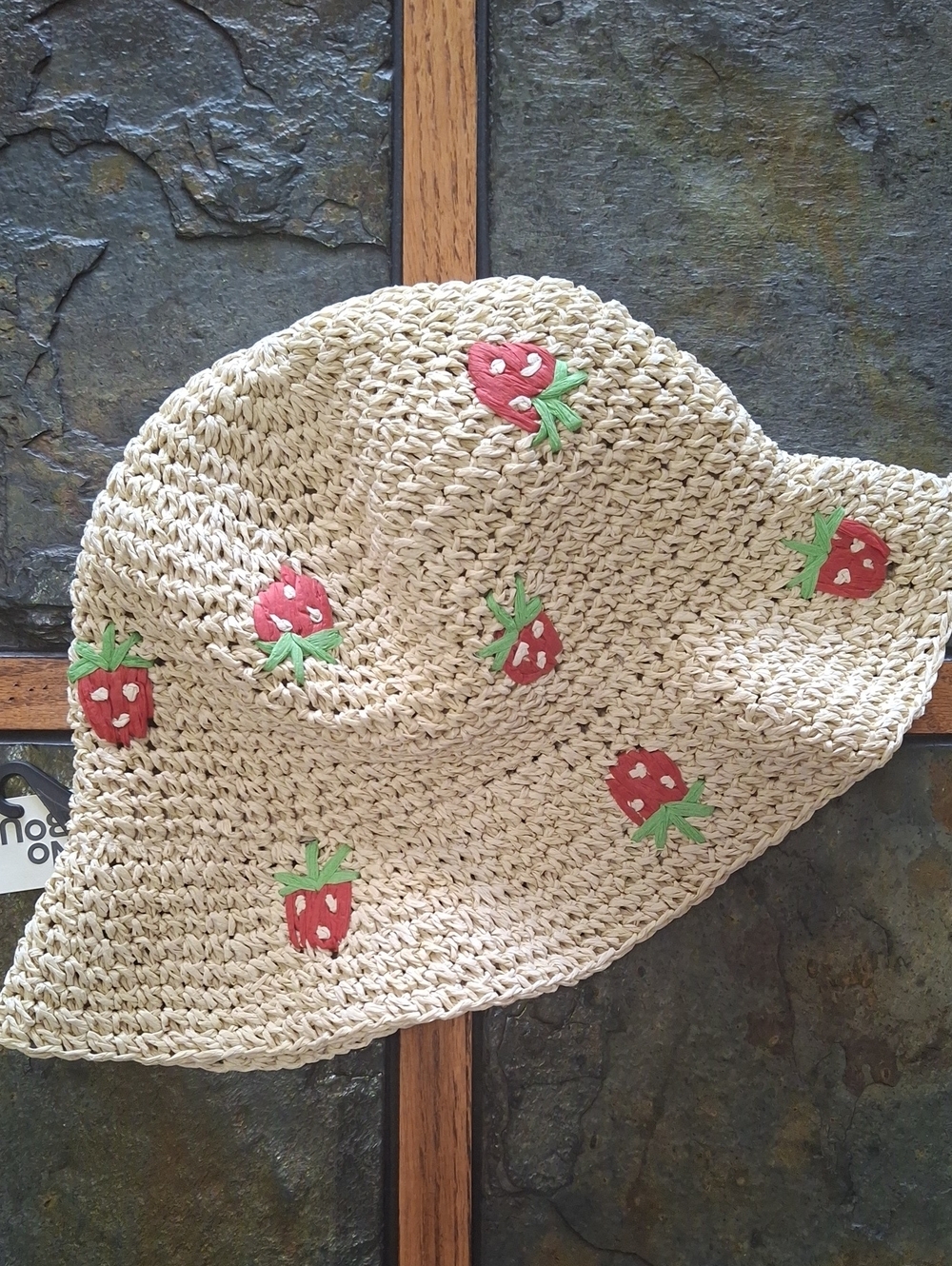 No Boundaries Straw Bucket Hat with Red Strawberry Motif